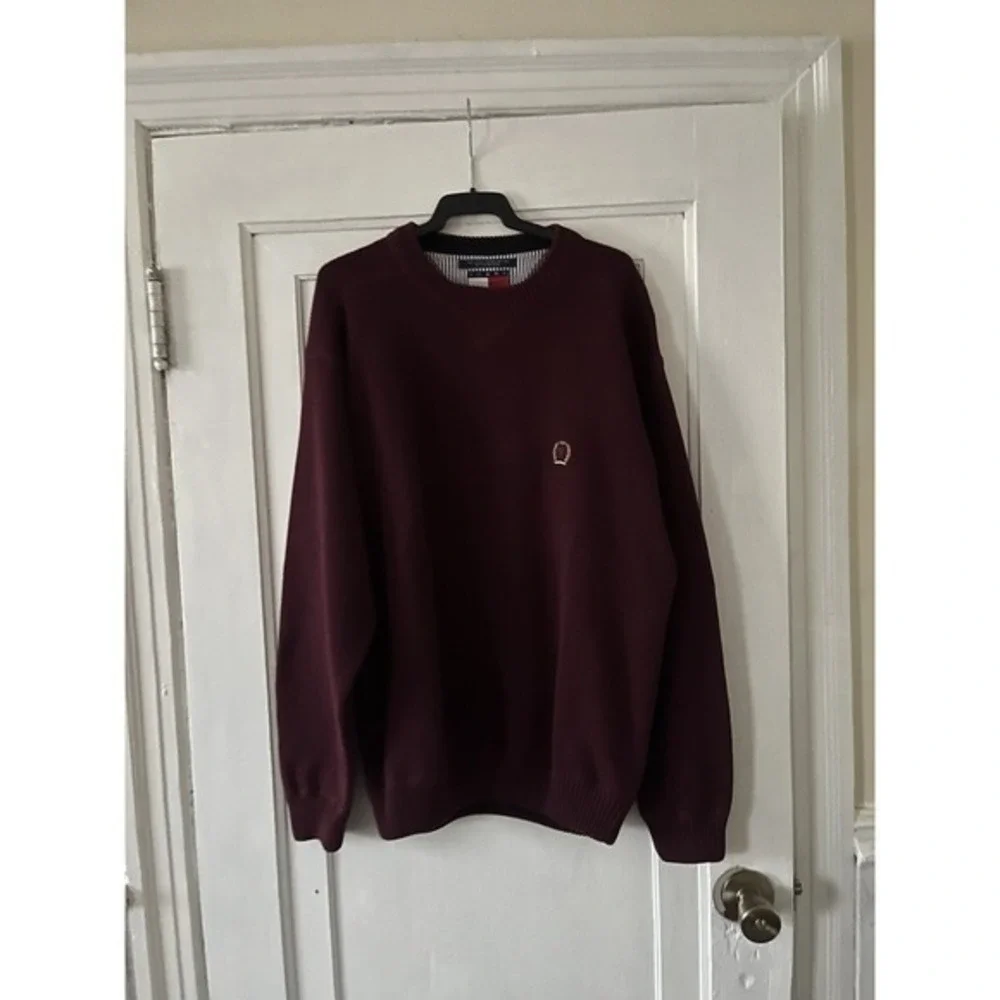 Tommy Hilfiger Sweater Mens Size M Burgundy Cotton  Long Sleeve VTG Y2K Preppy